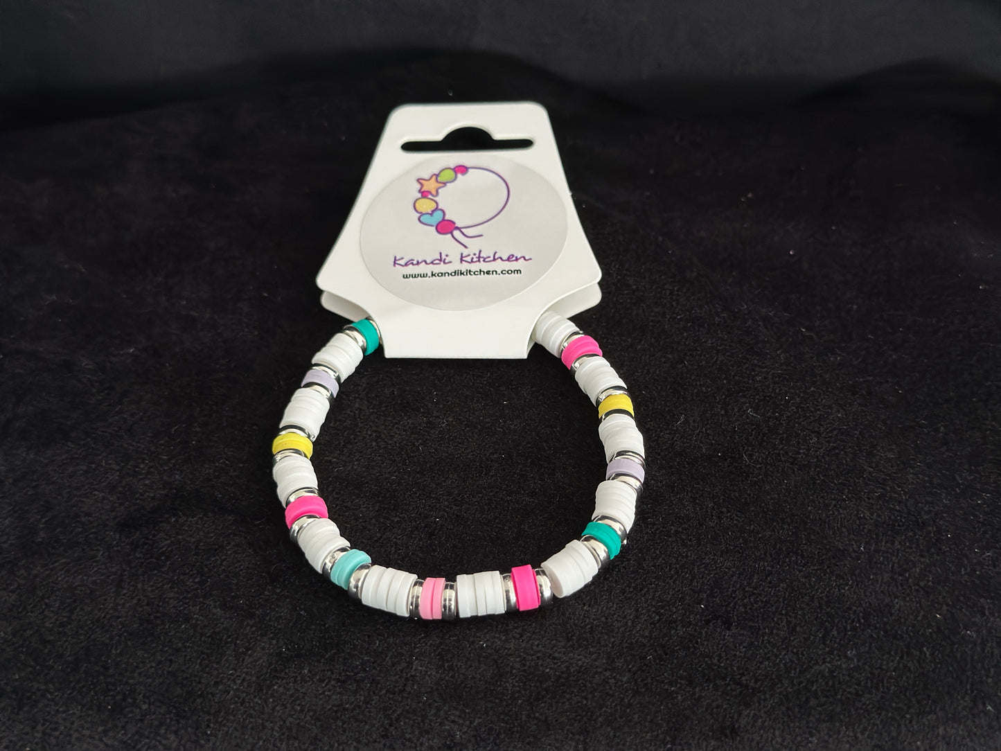 Clay Bead Bracelet - White and Colorful (silver colored spacers)