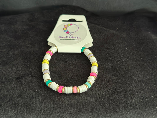 Clay Bead Bracelet - White and Colorful (gold colored spacers)