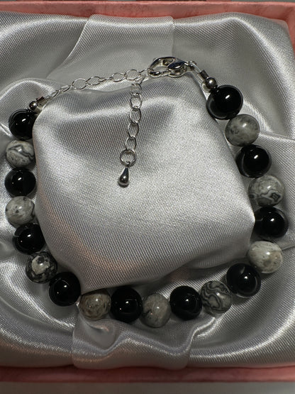 Black Onyx & Map Stone Picasso Jasper 8mm Bracelet