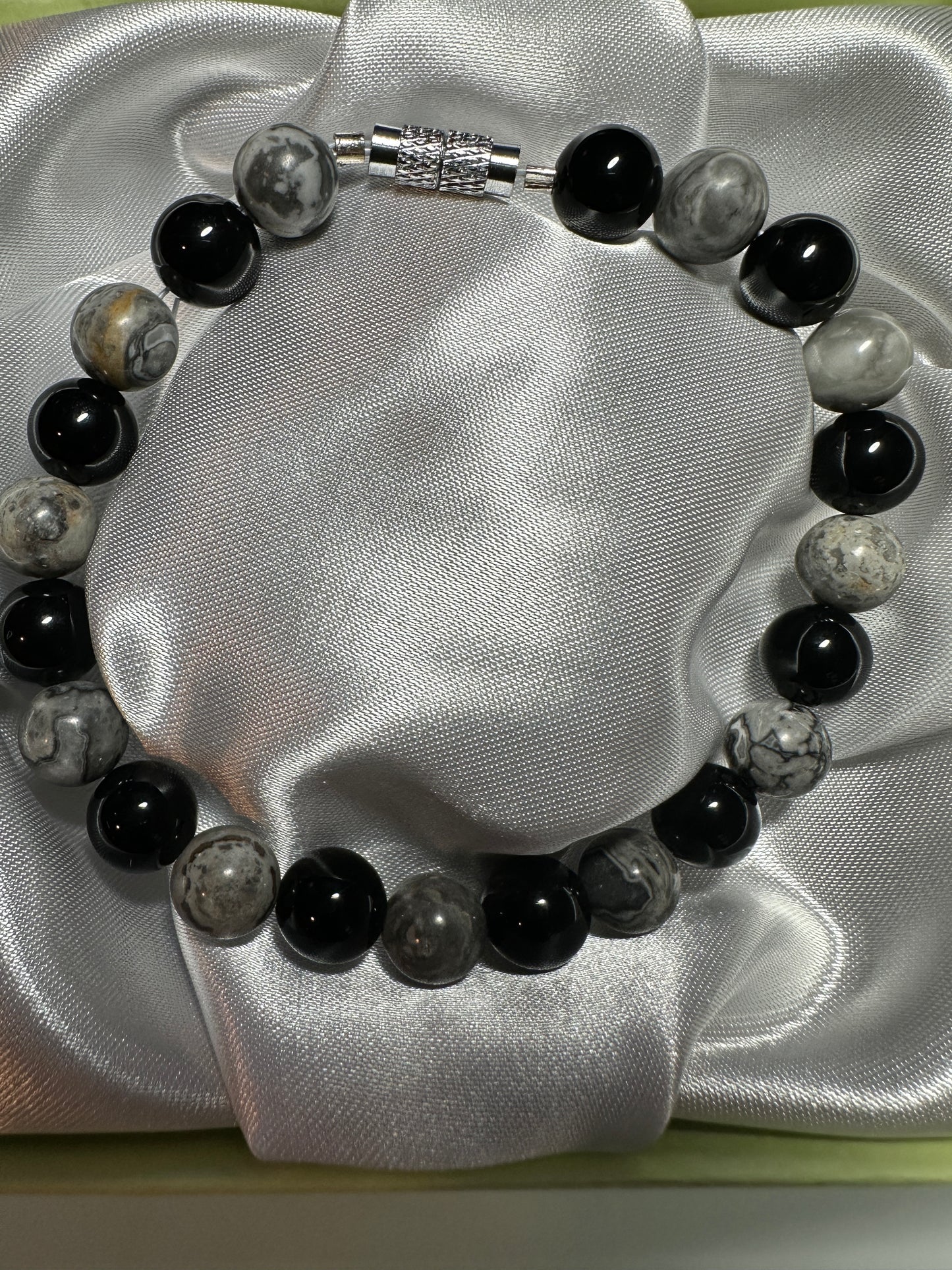 Black Onyx & Map Stone Picasso Jasper 8mm with screw clasp