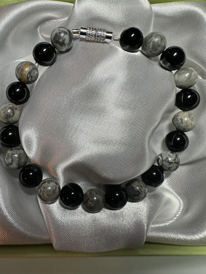 Black Onyx & Map Stone Picasso Jasper 8mm with screw clasp