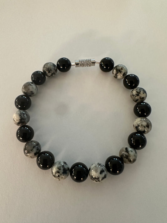 Sesame Kiwi Jasper & Black Onyx 8mm Bracelet with screw clasp