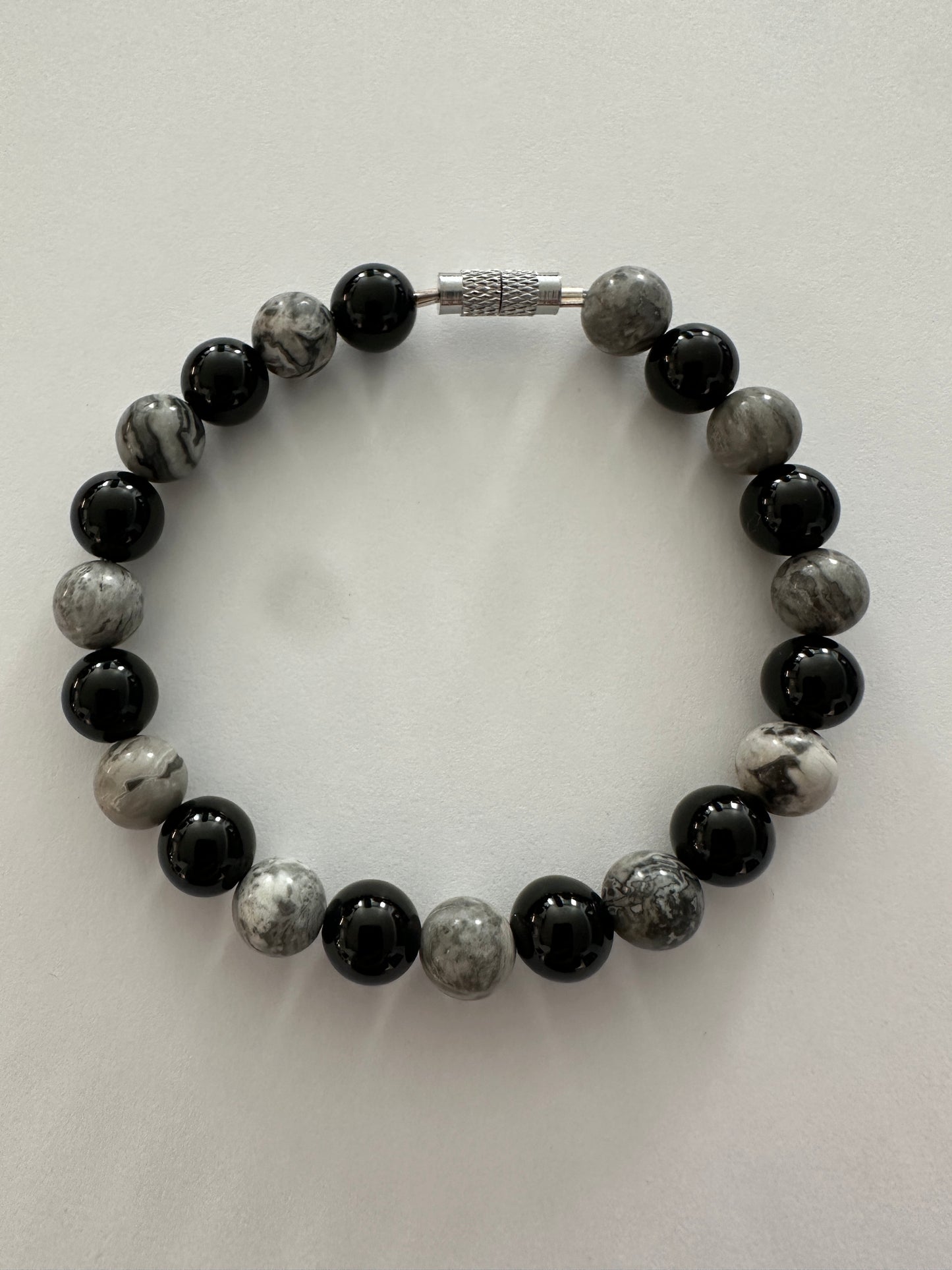 Black Onyx & Map Stone Picasso Jasper 8mm with screw clasp